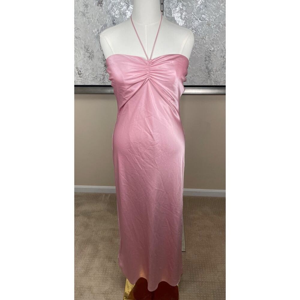 REFORMATION Valora Halterneck Ruched Satin Baby Girl Pink Midi Dress Size 12 - Picture 3 of 8
